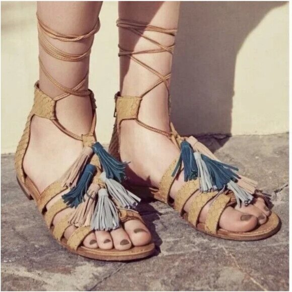 Steve Madden Monrowe Tan Leather Ankle Tie Tassel Gladiator Sandals Summer Shoes - Picture 2 of 15